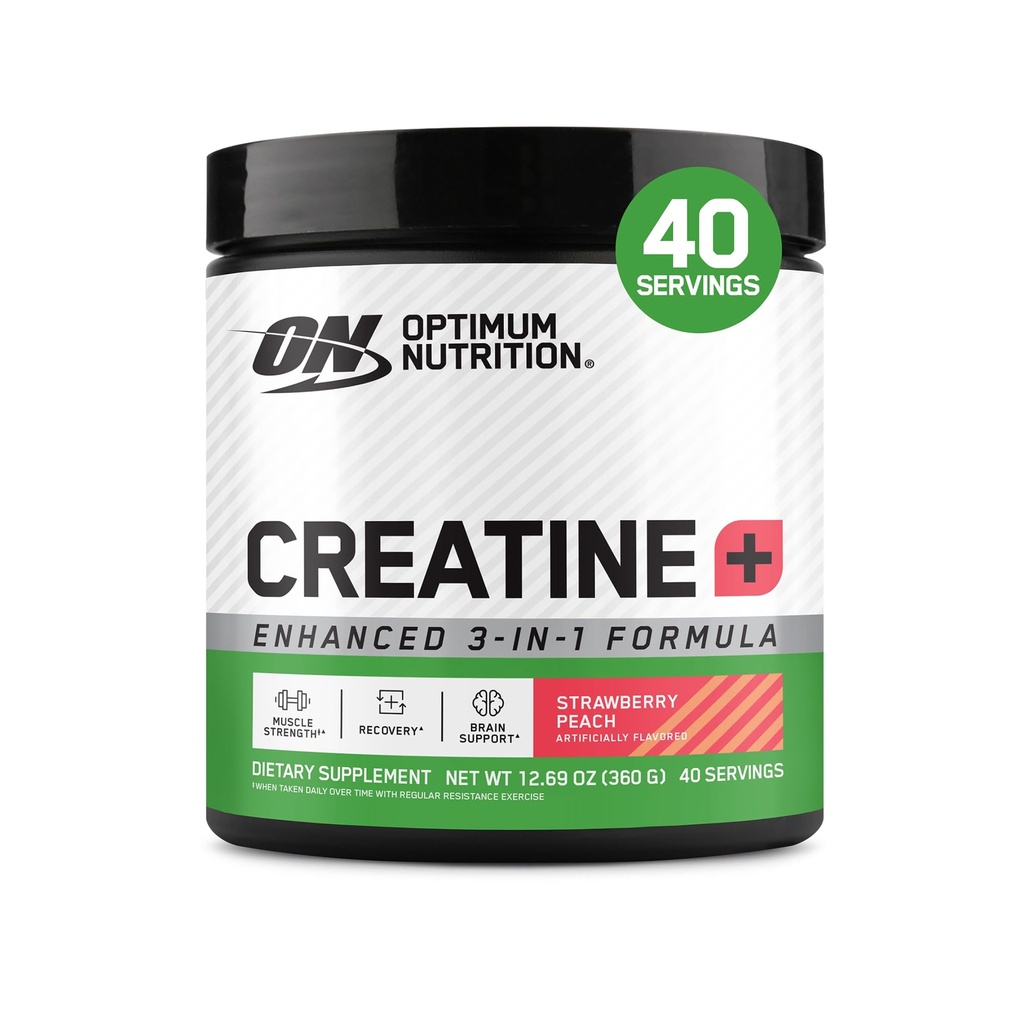 Optimum Nutrition Créatine Monohydrate Plus Poudre, mélange de performance de la créatine parfumée aux fraises, avec électrolytes pour l'hydratation, vitamines ajoutées, 40 portions, 360 grammes (paquetage mai Vary)