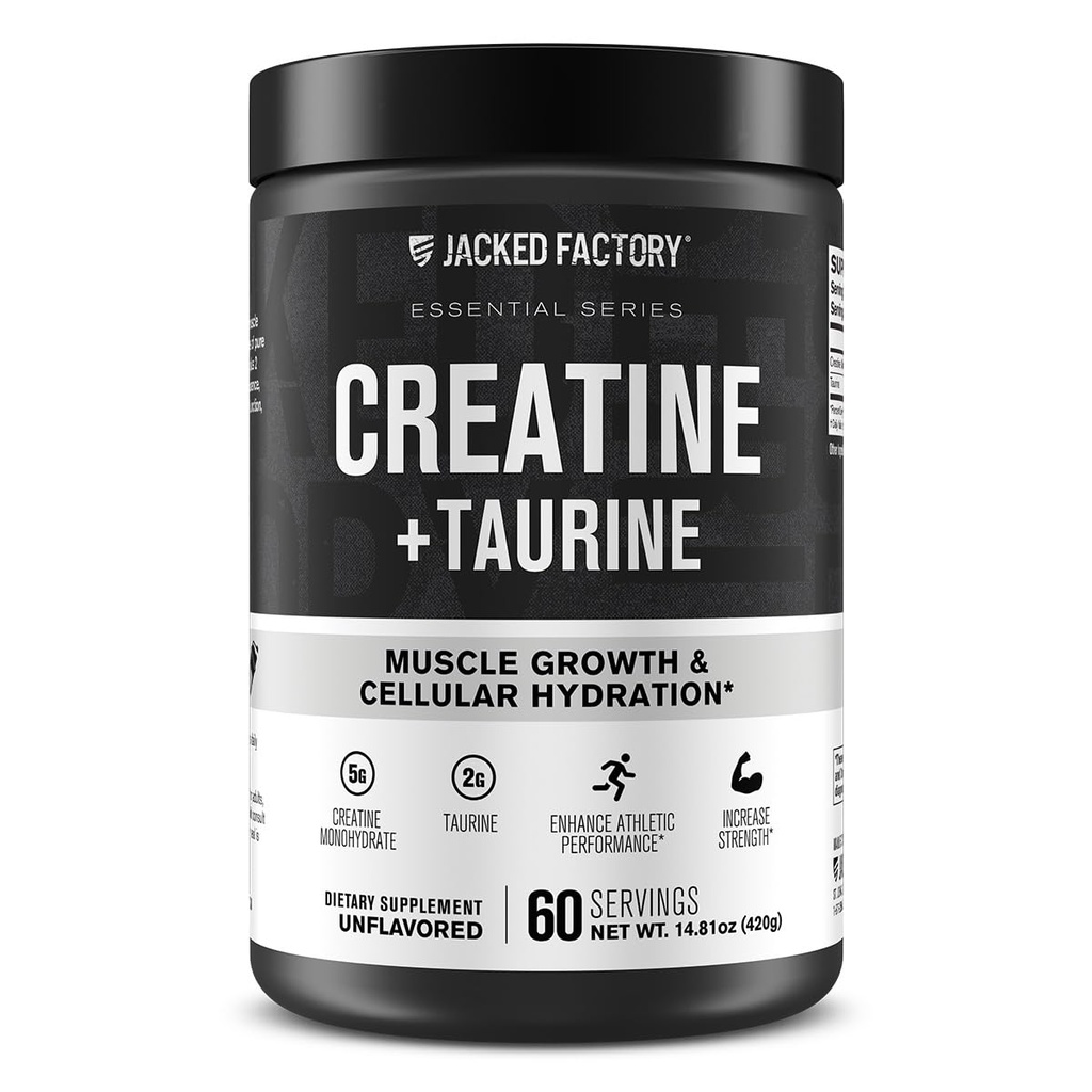 Creatine d'usine Jacked + Taurine - Créatine monohydraté 5000mg avec Taurine 2000mg pour augmenter la force musculaire et l'hydratation cellulaire - 60 portions, non aromatisées