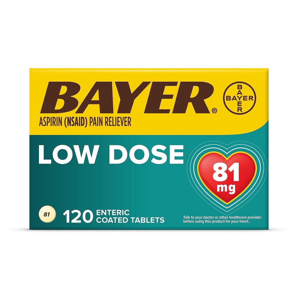 Bayer Aspirine Régimen , 81mg Comprimés enrobés entériques, analgésique/réducteur de fièvre, 120 Nombre