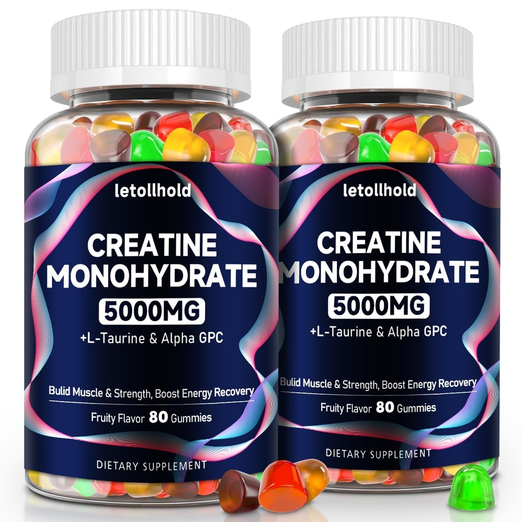 Gommies monohydratées de créatine 5g pour les femmes et les hommes - Gommies de créatine pour les femmes Pré-entraînement Chewables avec L-Taurine & Alpha GPC, Constructeur de muscles sans sucre, Boost énergétique, Vegan Non-OGM (160 comte)