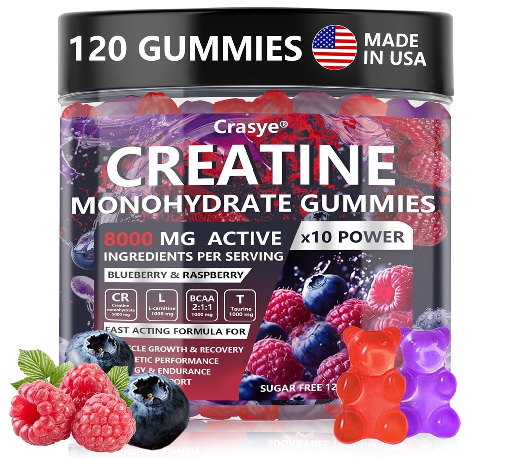 Creatine Monohydrate Gummies Complex 8000 MG pour hommes femmes, Creatine Gummy avec Taurine BCAA pour le soutien énergétique et la force musculaire, supplément de pré-entraînement sans sucre