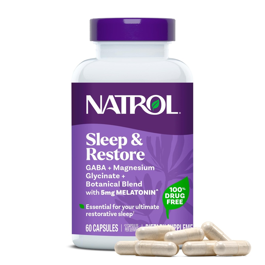 Natrol Sleep & Restore Capsules - Calm Magnesium Glycinate, Magnesium Sleep Aid with GABA, Melatonin 5mg, Botanical Blend, 30 Day Supply