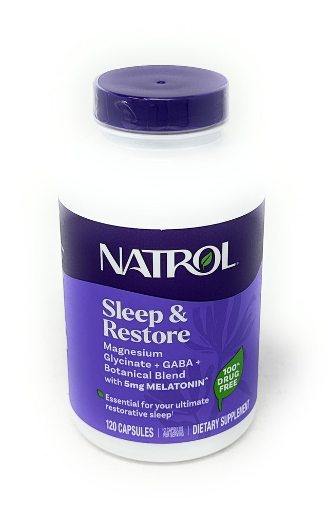 Natrol Sleep & Restore Capsules, 120 Count, Melatonin 5mg with GABA, Magnesium & Vitamin B6, Vegetarian, Non-GMO,Essential for Your Ultimate Restorative Sleep, Melatonin-Free, 60 Day Supply