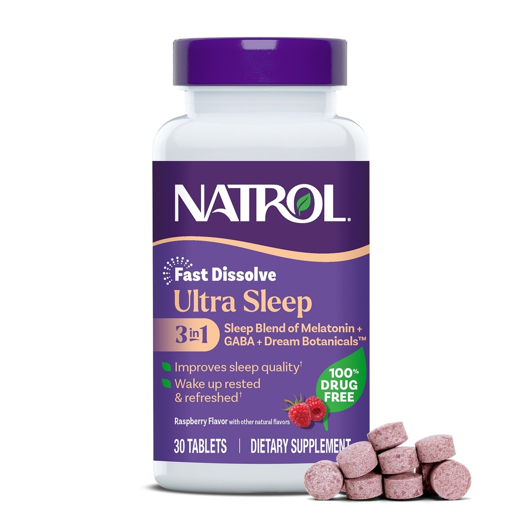 Natrol Ultra Sleep 3-in-1 100% medikamentenfreie Schlafmittelmischung mit Melatonin, GABA & Botanicals, Nahrungsergänzungsmittel, Nicht-Habit-Bildung, 30 Fast Dissolve Tabletten