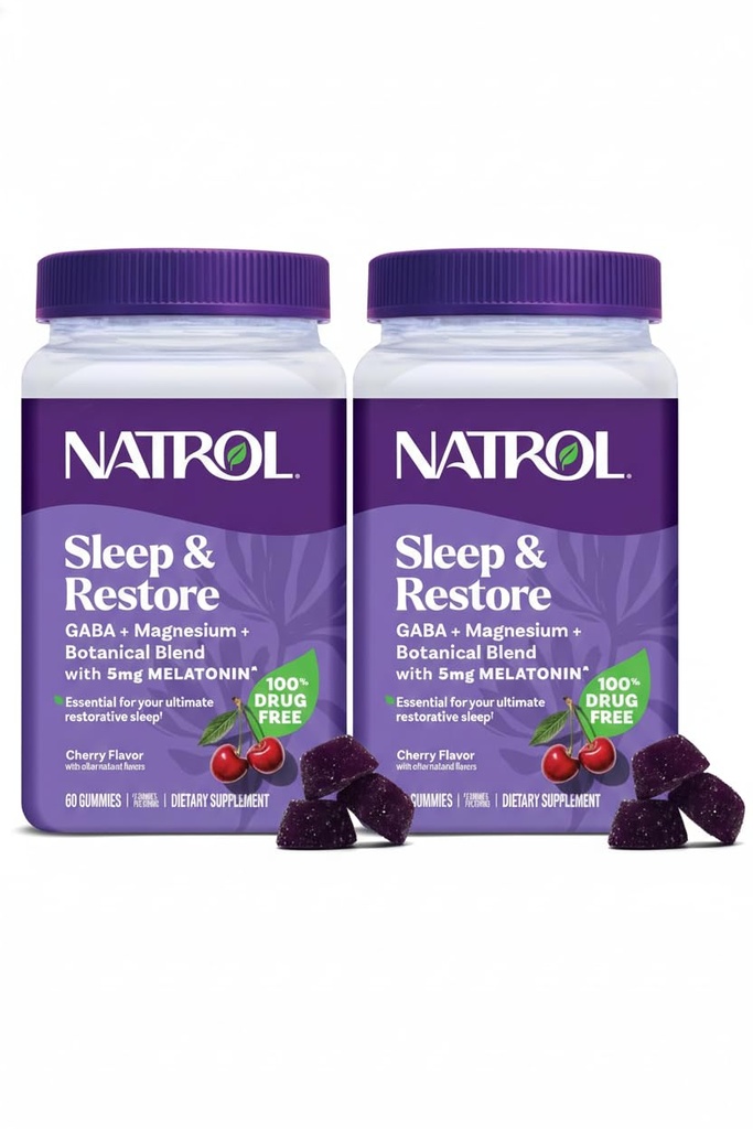 Natrol Sleep + Restore Magnesium Glycinate Blend Gummies with Melatonin 5mg - Calm Magnesium with GABA, Botanical Blend, Cherry Flavor, 60 Gummies (Pack of 2)