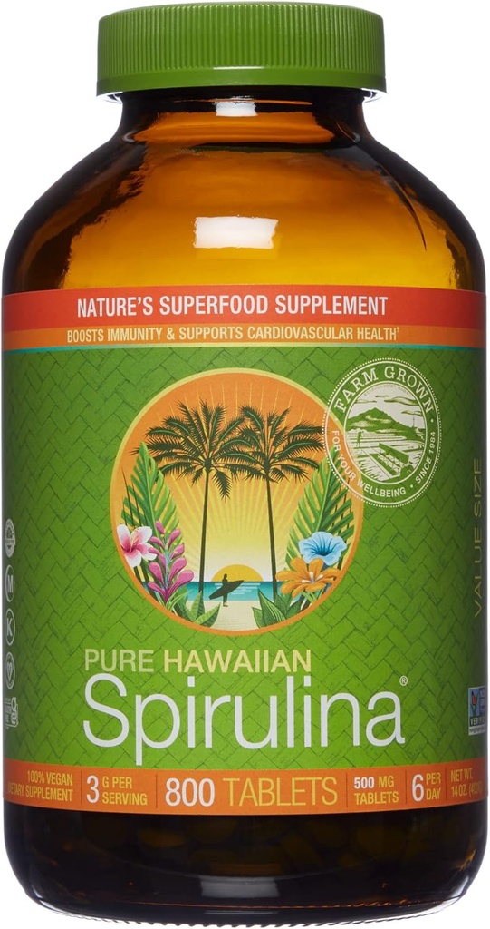 Nutrex Hawaii, Pure Hawaïan Spirulina 500 mg, végétalien, soutient le système immunitaire, le cœur, les cellules et l'énergie, 800 comprimés