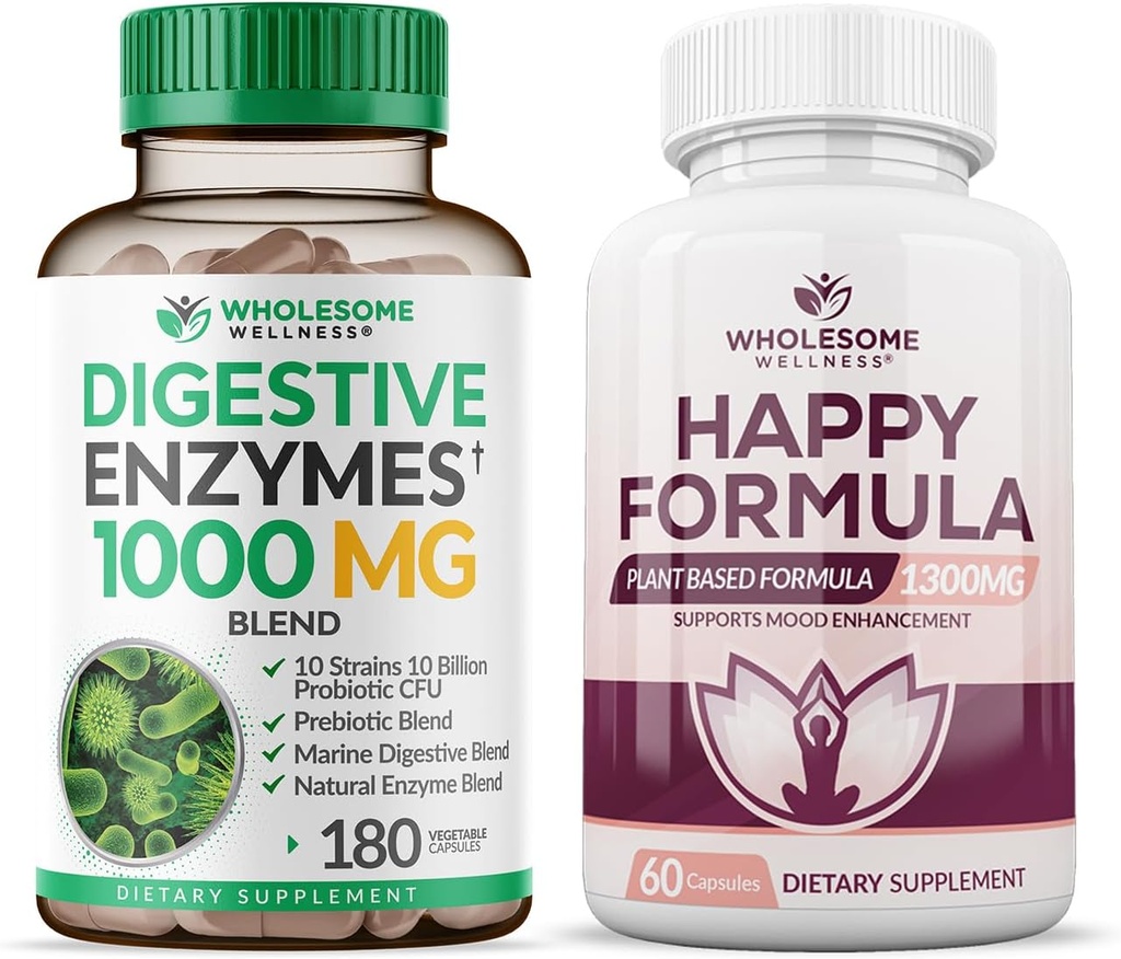 Vollständige Wellness Verdauungsenzyme 1000MG Plus Präbiotika & Probiotika Supplement + Happy Formula Natural Stress Formula Relief Supplement für Frauen & Männer Bundle