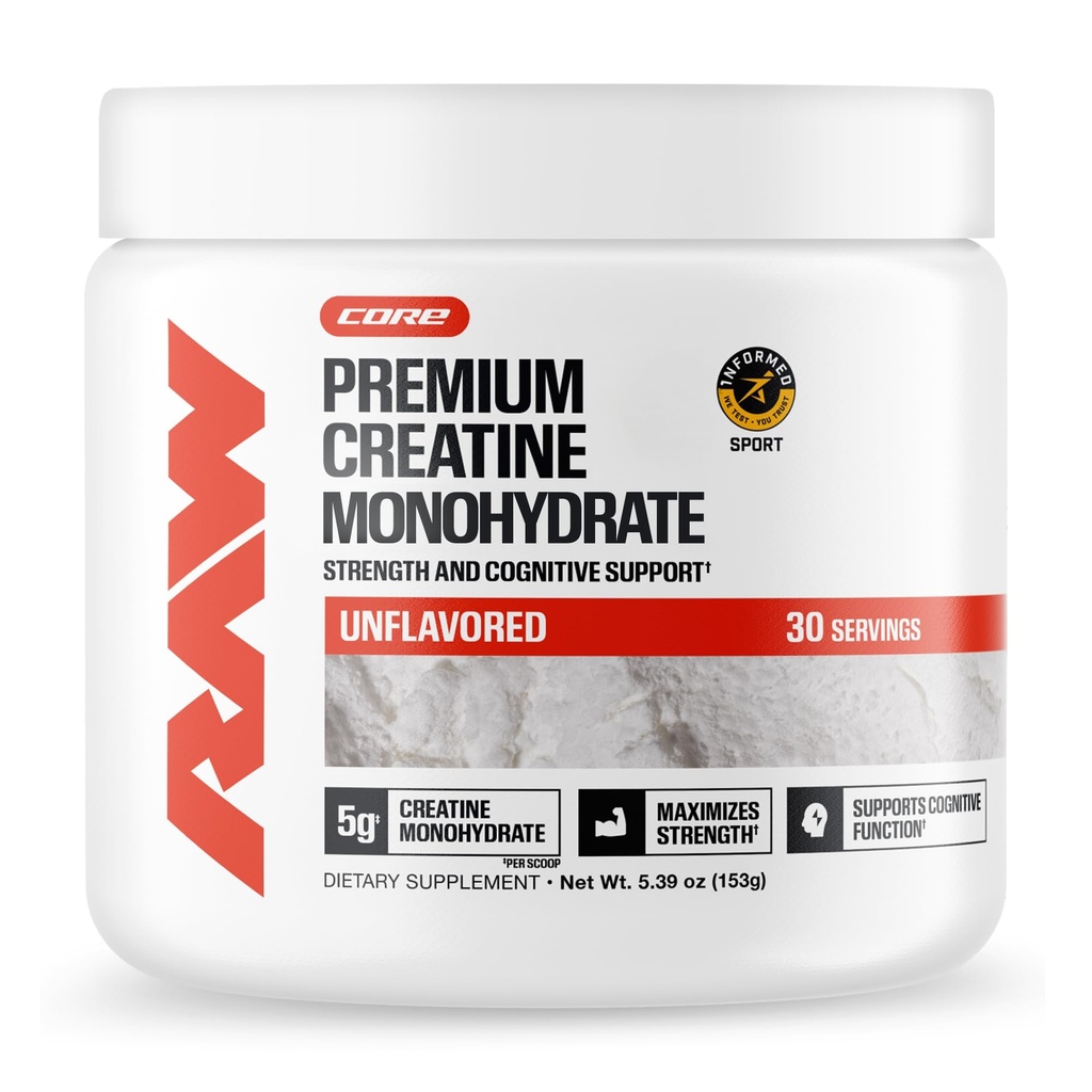 RAW Nutrition Poudre monohydratée de créatine, non aromatisée (30 portions) - Supplément monohydraté de créatine micronisé pour la performance d'entraînement, construire les muscles et la force - Poudre de créatine pour les hommes et les femmes