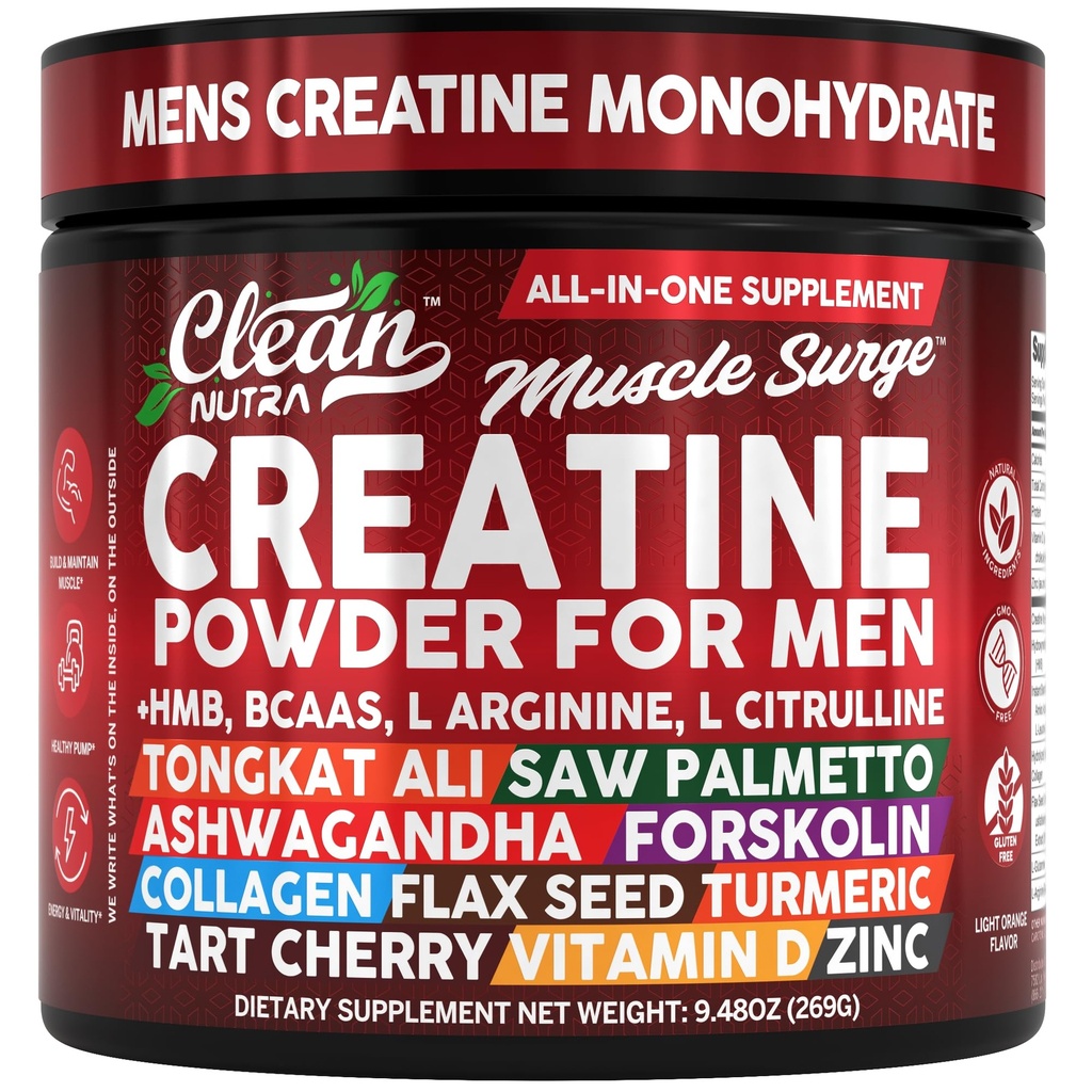 Poudre Nutra Creatine propre pour les hommes + HMB BCAA L Arginine L Citrulline Tongkat Ali Saw Palmetto Ashwagandha Collagen Lin graines Turcuma Pré-entraînement Stevia Oxide nitrique L Acides aminés Glutamine