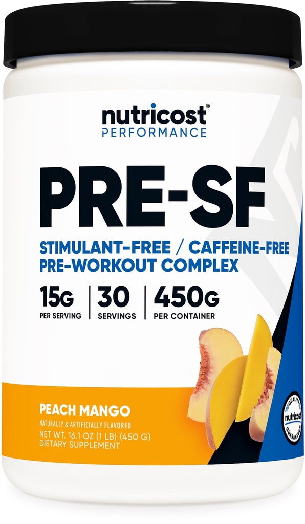 Pré-entraînement libre de Nutricost, 30 portions (mangue de pêche) - Sans caféine, sans stimulant, sans OGM, sans gluten