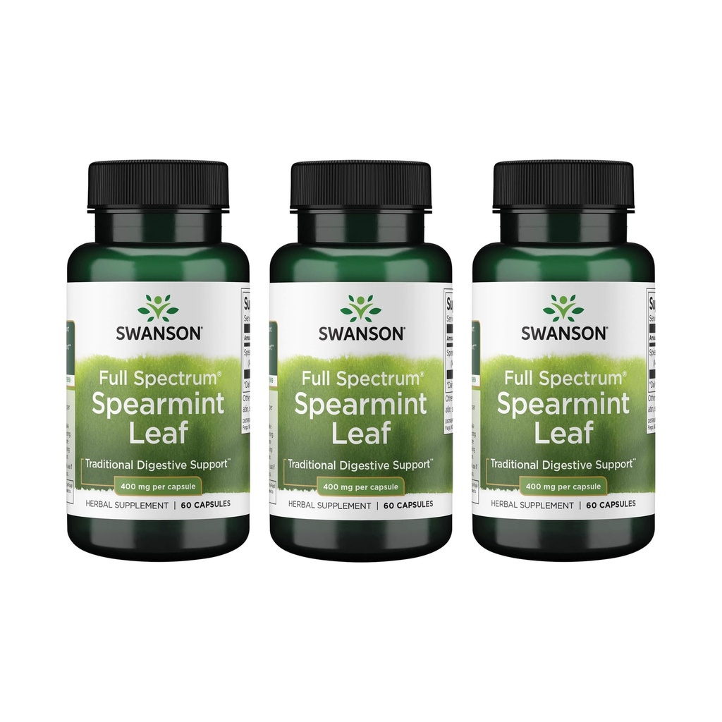 Swanson Spearmint Leaf (Mentha Spicata) - Supplément à base de plantes à spectre complet appuyant les questions de santé digestive et d'estomac léger - (60 capsules, 400 mg chacune) 3 Pack