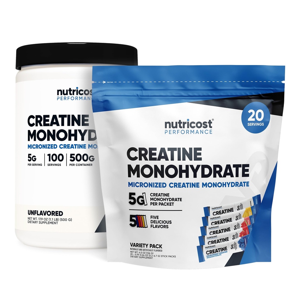 Nutricost Micronized Creatine Monohydrate 500 Gramm und 20 Stickpacks (Variety) Bundle