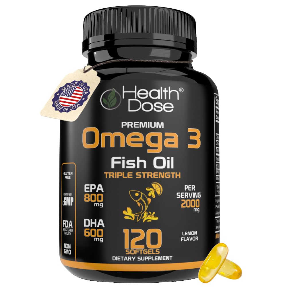 Health Dose Omega 3 Fish Oil 2000mg – Lemon-Flavored Softgels mit EPA 800mg & DHA 600mg für Gehirn, Herz und Wellness-Unterstützung – einfach zu verstauen, keine Fish Burps – 120 Softgels, 2-Monats-Versorgung
