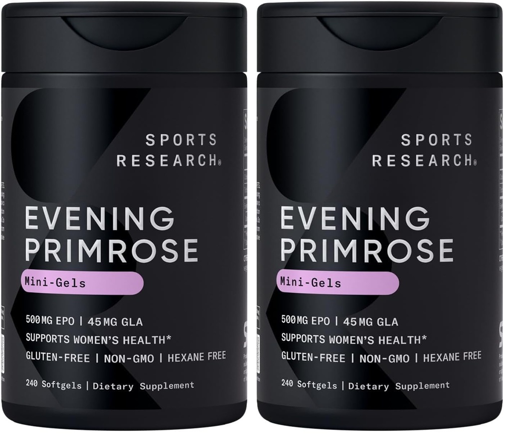 Sports Research Evening Primrose Oil (500mg) Cold-Pressed with No fillers or Artificial Ingredients, Non-GMO Tested - Gluten & Soy Free (240 Liquid Softgels) (Pack of 2)
