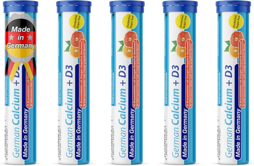 Deutsches Calcium + VIT. D - 100 Vegetarische Getränke Brausetabletten - Orange-Grapefruit Flavor - Made in Germany