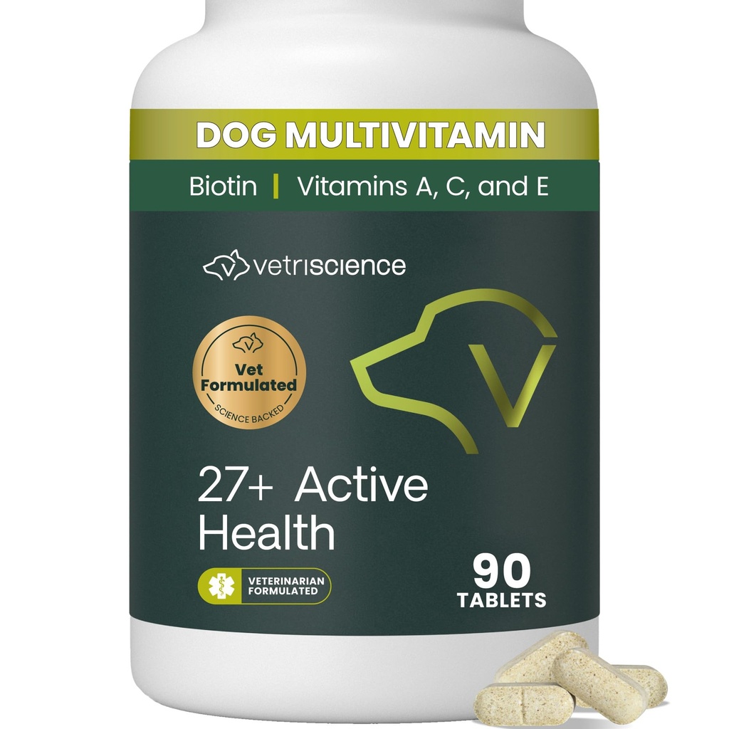 VetriScience 27+ Active Health Chewable Tablets, Canine Plus Daily Multivitamin für Welpen und Erwachsene Hunde, Balanced Vitamins, Mineralien und Antioxidantien, Gesundheits- und Wellness-Unterstützung, Ente, 90 Count