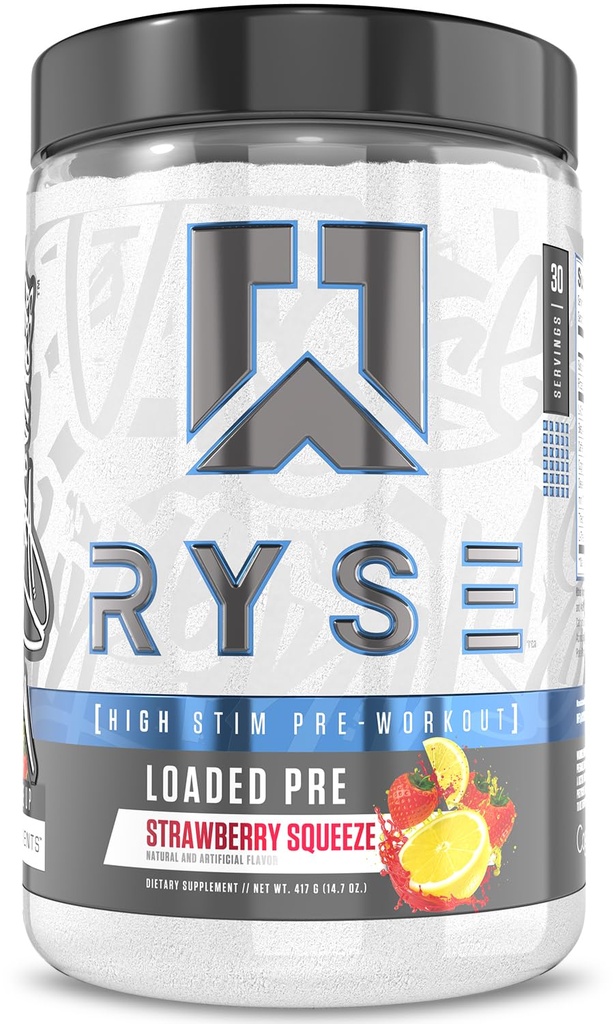 RYSE Charged Pre Workout Poudre - Strawberry Squeeze - Pré-entraînement quotidien pour les hommes et les femmes avec 390mg de caféine, Beta Alanine et Citrulline pour pompe, focus et énergie - 30 portions