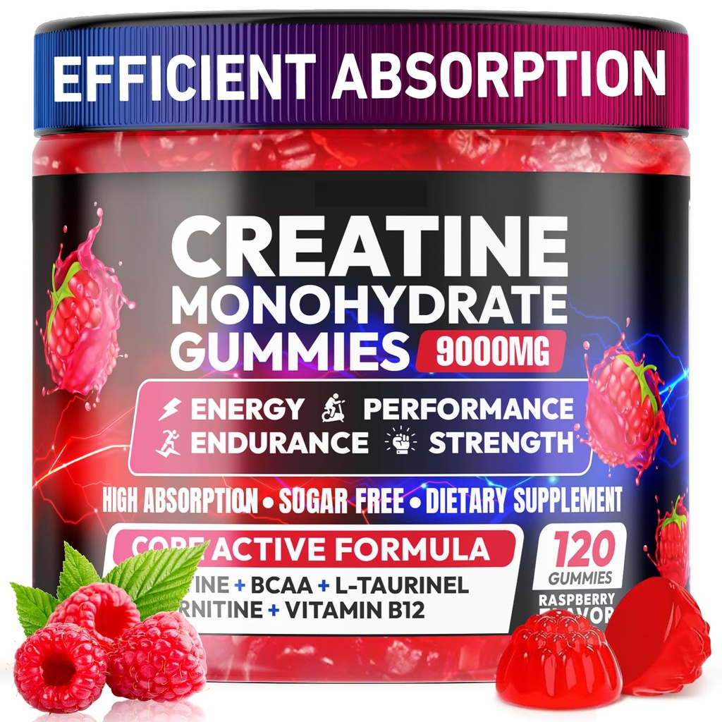 Creatine Gummies Monohydrat Complex 9000MG, PreWorkout für Männer & Frauen, Creatine Gummy mit L-Taurine, BCAA 2:1, B12/6 für Muskelunterstützung, Enhance Strength, Energy Boost-120 Count