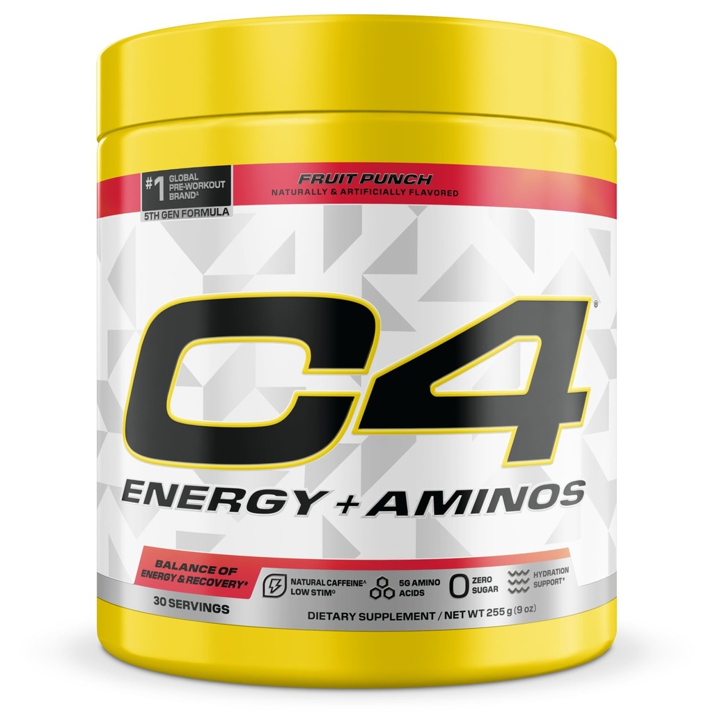C4 Energy + Aminos Powder, 5g BCAAs & EAAs für Muskel-Recovery, 3 Elektrolyte für Hydration, 100mg natürliches Koffein, Vor-Workout, Zero Sugar, 30 Servierungen, Frucht-Punch