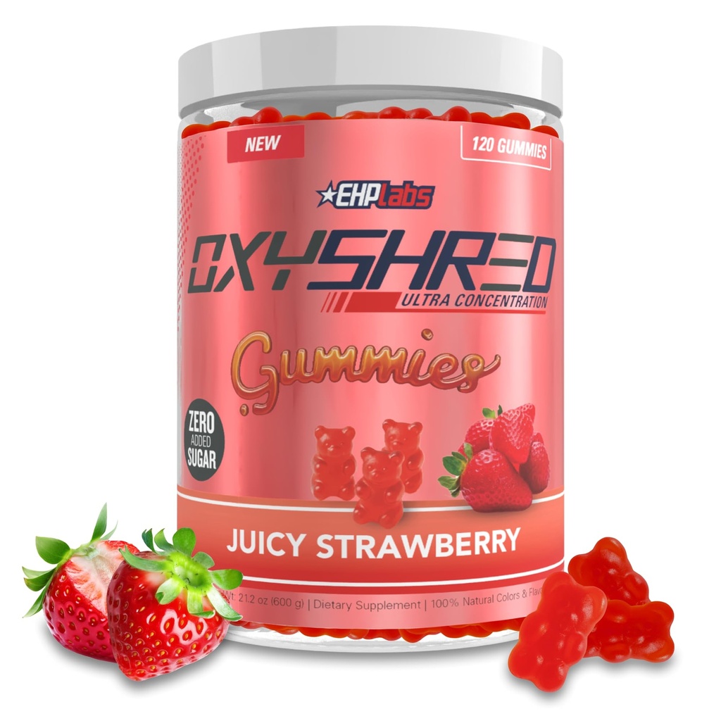 EHP Labs OxyShred Gummies - Pré-entraînement Gummies & Energy Chews avec 100mg de caféine, L-Carnitine pour le support thermique et métabolique, tout l'énergie naturelle Boost - Fraise Arôme – 60 portions