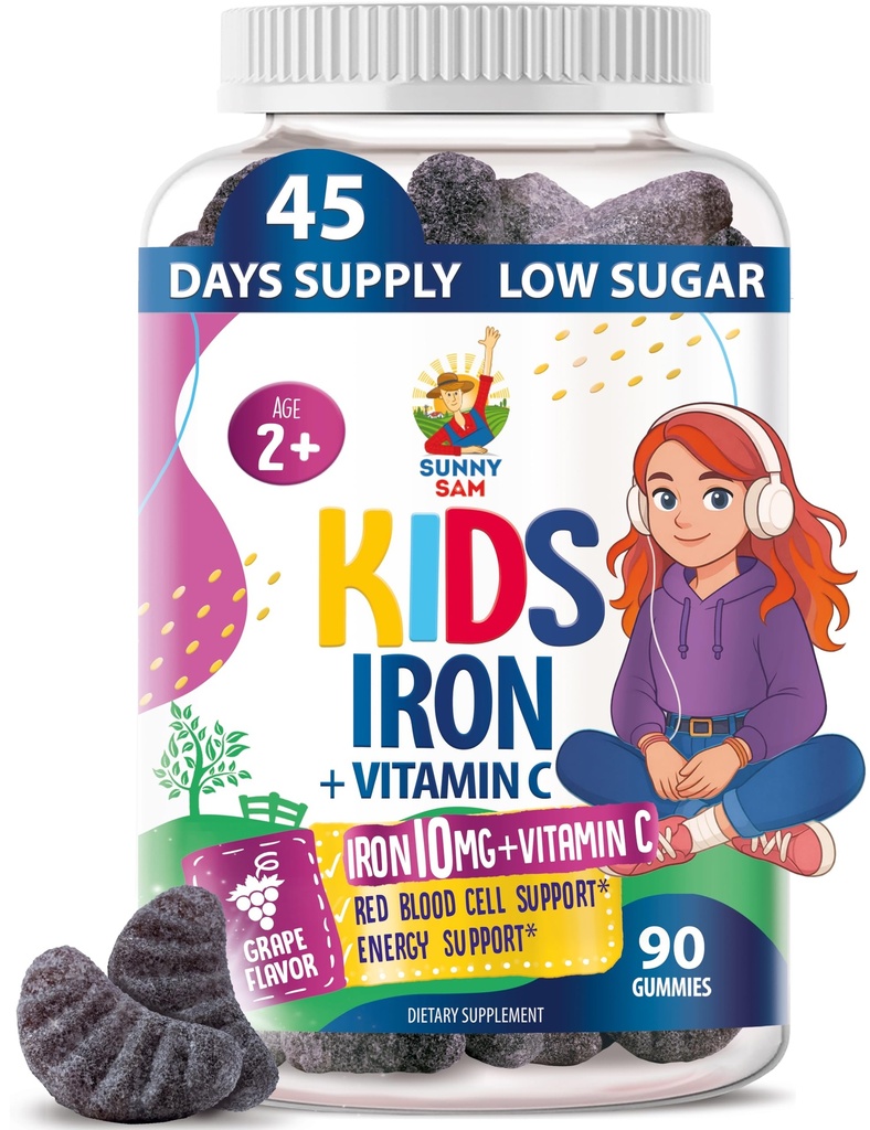 SUNNY SAM Gommies de fer pour les enfants et les adolescents - 10 mg Vitamines de fer avec vitamine C - Supplément de gommy à faible teneur en sucre pour le soutien immunitaire, soutient la production de globules rouges pour les enfants et les adolescentes
