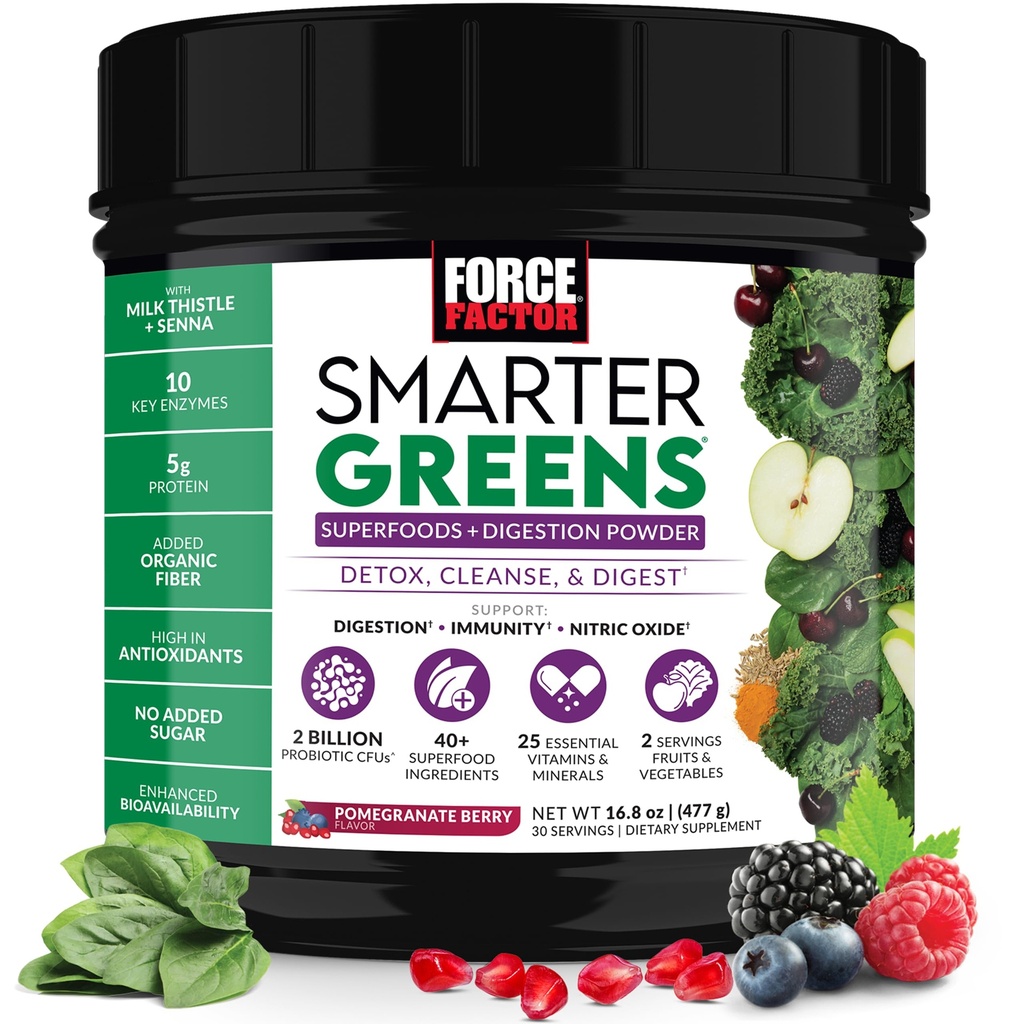 Kraftfaktor Smarter Greens Superfoods Pulver zur Unterstützung von Verdauung, Gutgesundheit, Bloating, Greens Powder mit Probiotika, Präbiotika, Verdauungsenzyme, & Adaptogene, Granatapfel Berry, 30 Portionen