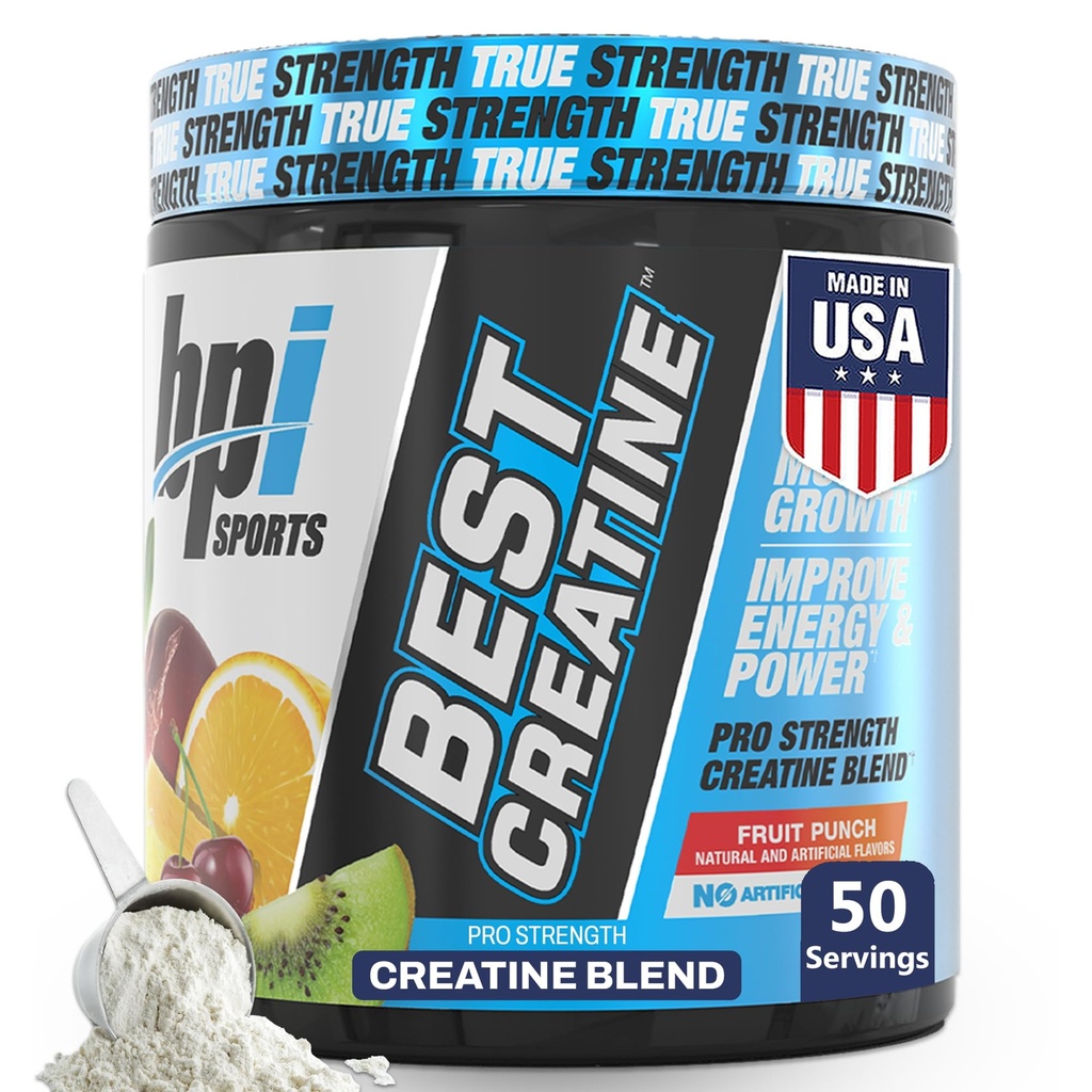 BPI Sports Meilleure Créatine - Poudre monohydratée de créatine pour les hommes et les femmes, sel himalayen - force, pompe, endurance, croissance musculaire, définition musculaire - Non Bloat – Punch aux fruits – 50 portions – 10,58 oz