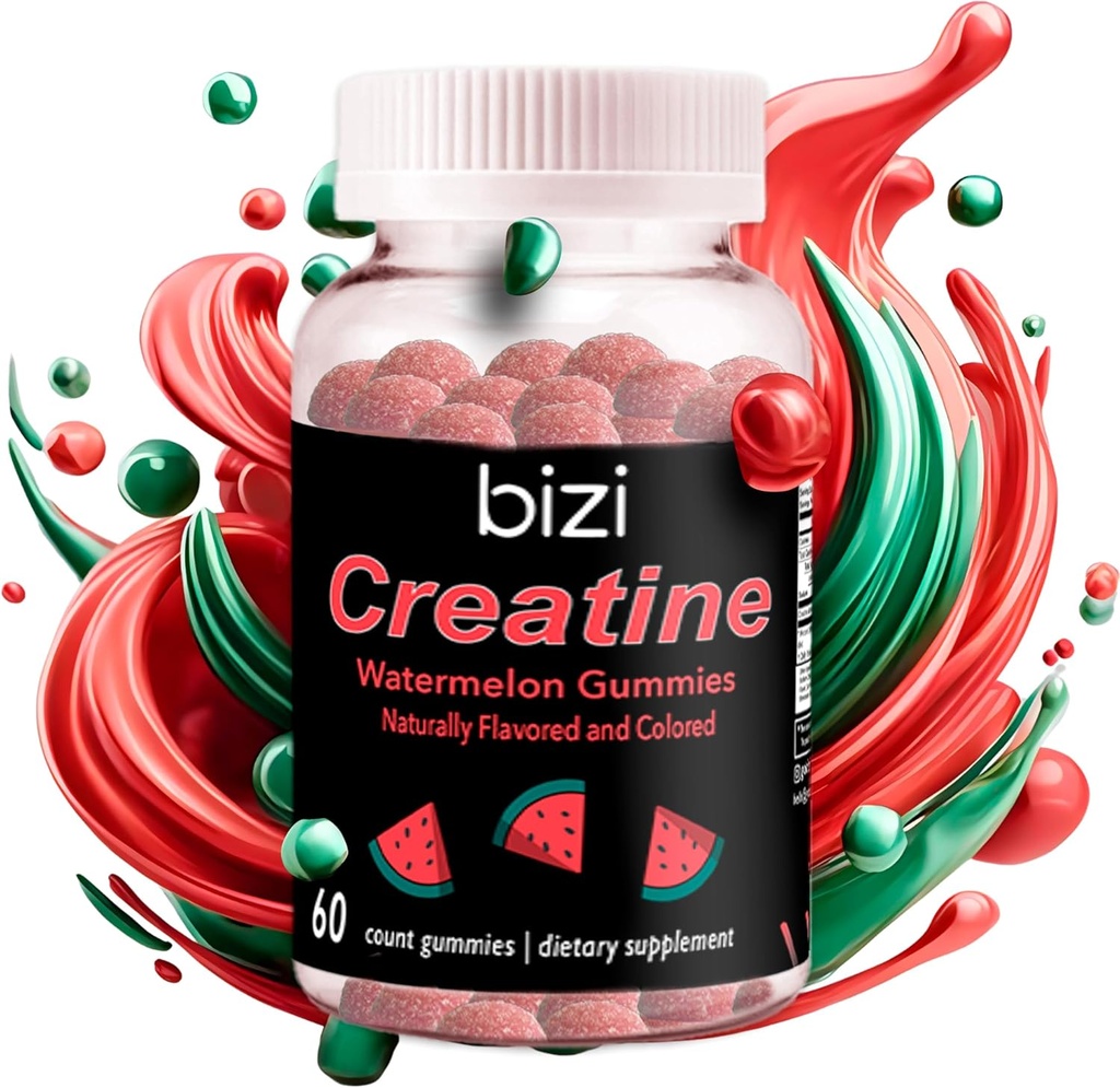 Gommies de pastèques Bizi créatine pour les hommes et les femmes, Gommies monohydratées créatine, Gommy créatine Flaveur de pastèque, entraînement, croissance musculaire, et supplément de récupération, végétalien et sans gluten (60 ct)