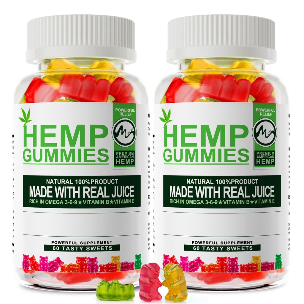 M inch 2 Pack Hemp Gummies 1 200 000mg High Strength Stress Relief Fruity Gummy Bear with Hemp Oil 100percent Natural Hemp Candy Supplements Promotes Sleep and Calm Mood 60 Count Pack of 2