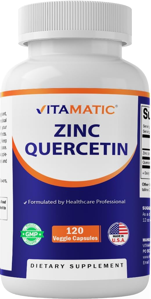 Vitamatic Zinc Quercetin - 120 Vegetarian Capsules -Zic Citrate 30mg & Quercetin 500 mg per Serving - Immune Support