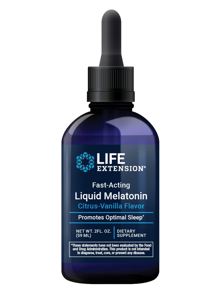 Life Extension Fast-Acting Liquid Melatonin (Citrus-Vanilla Flavor), 3 mg, Optimal Sleep Support, Healthy circadian Rhythms, Cellular Defense, Gluten-Free, Non-GMO, 2 fl oz
