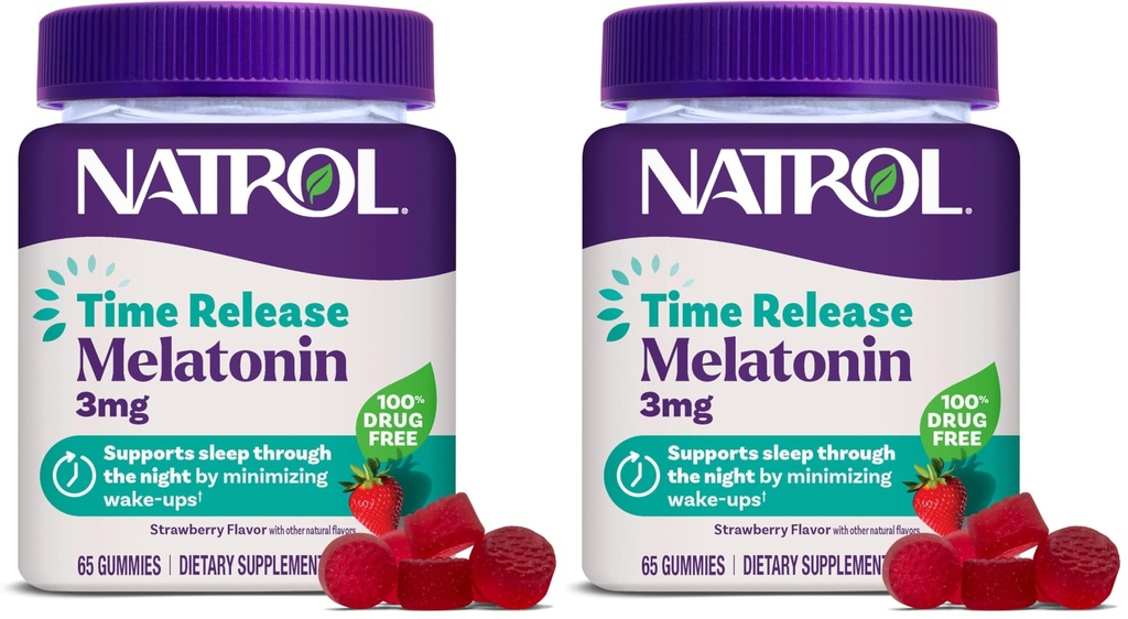 Natrol Time Release Melatonin Gummies, Sleep Support for Adults, 3 mg Melatonin Supplements for Sleep Support, 65 Strawberry-Flavored Gummies, Up to a 65 Day Supply, (Pack of 2)