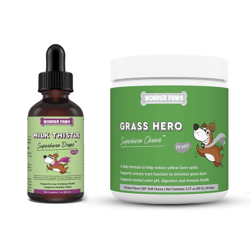 WONDER PAWS Lait Thistle Drops Plus Hero Hero Soft Chews - pour chiens Foie et soutien du rein, Detox & Urinary Tract Santé - Thistle Lait 2 Onces - Hero Hero Herb 60 Chews