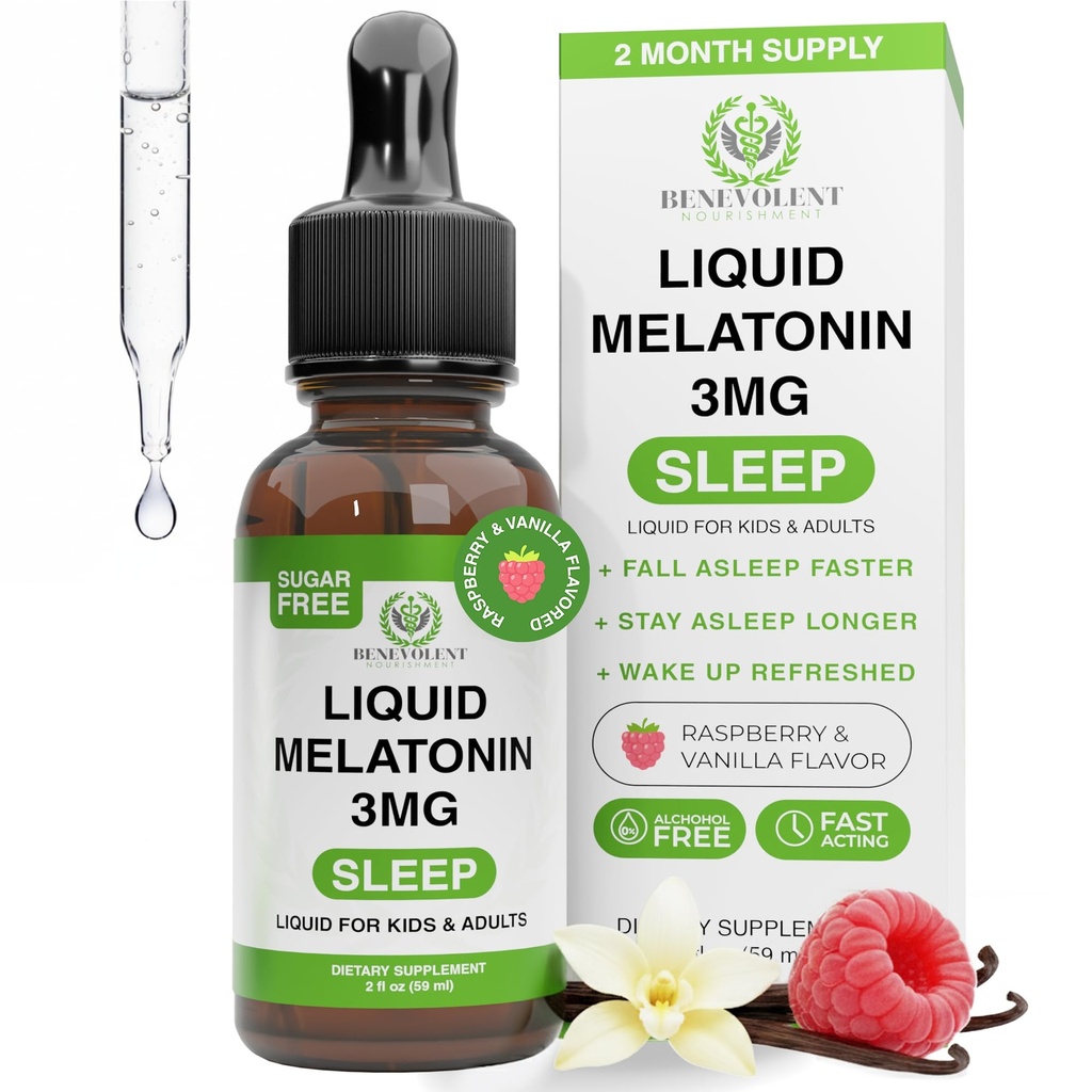 Benevolent gouttes de mélatonine liquide pour les adultes et les enfants 3mg - Melatonine liquide comme aide au sommeil à action rapide à l'automne plus rapide et plus long - Non-OGM et fabriqué aux États-Unis - Berry Vanilla Flavor, 2 mois d'approvisionnement