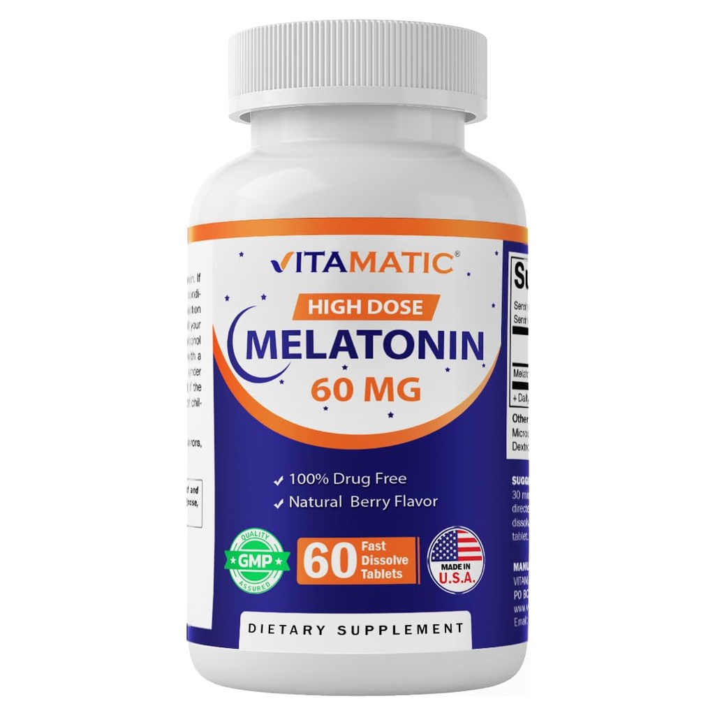 Vitamatic Melatonin 60 mg Fast Dissolve Tablets - 60 Vegan Natural Berry Flavor Tablets - Non-Habit Forming - Non-GMO, Gluten Free (1 Bottle)