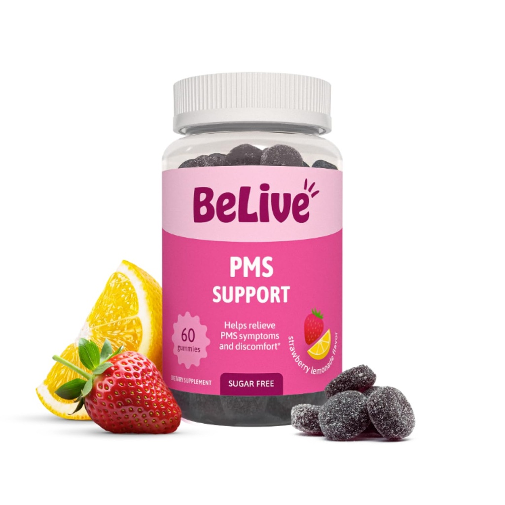 BeLive PMS Support Gummies Supplement - Alleviates Cramps, Bloating, Mood Swings, Hot Flashes & Night Sweats - Delicious Strawberry Lemonade Flavor - 60 Count