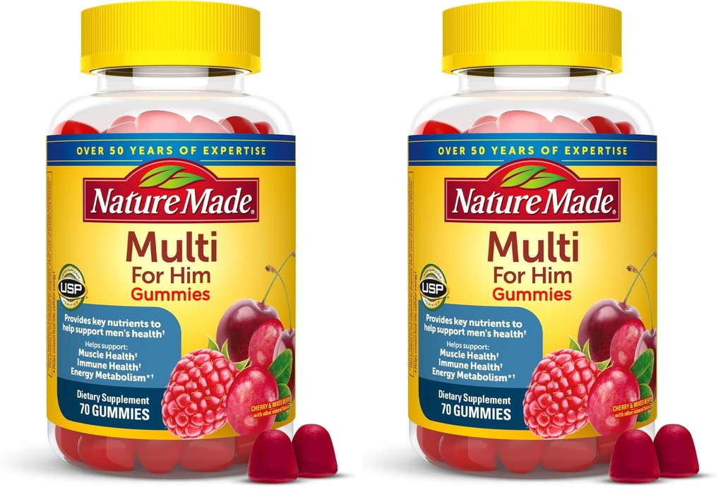 Nature Made Multi for Him, Mens Multivitamins Gummies, Energy Metabolism Support, Multivitamin for Men, 70 Gummy Vitamins and Minerals, 35 Day Supply (Pack of 2)