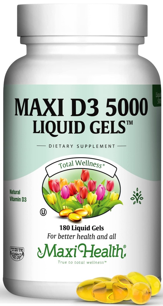 Maxi Health D3 5000 Flüssige Gele - Natürliches Vitamin D3 - Nahrungsergänzungsmittel - 180 Kapseln - Kosher