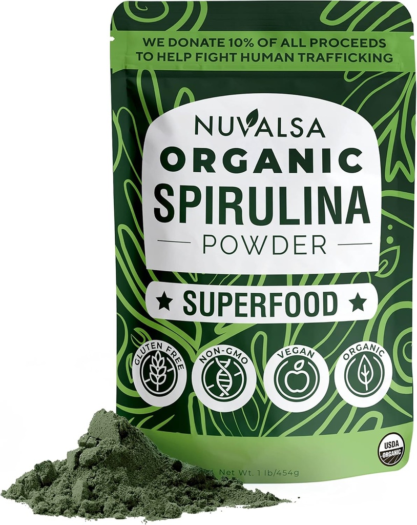 Nuvalsa Organic Spirulina Powder 1lb – 100% Pure Superfood Supplement von Blue Green Algae Non GMO für Smoothie & Protein Drink, Vegan & USDA Certified Organic - 100 Portionen