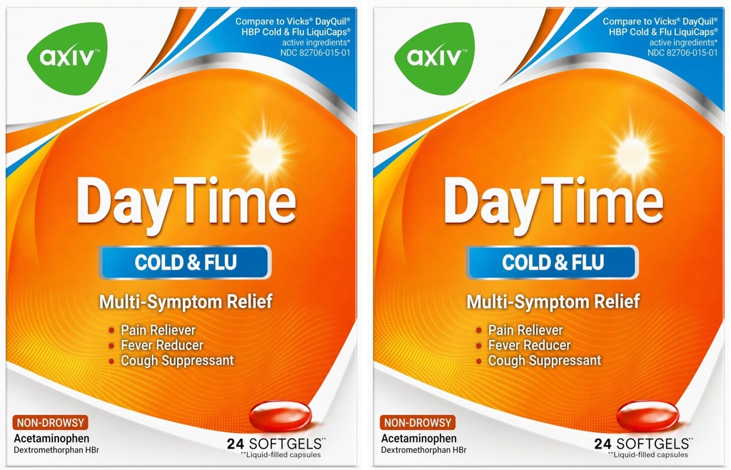 AXIV Daytime Multi-Symptom Cold Relief Non-Drowsy Softgels, Helps Relieve Headache, Fever, Sore Throat, Minor Aches, Sinus Pressure & Cough, 24 Count, Pack of 2