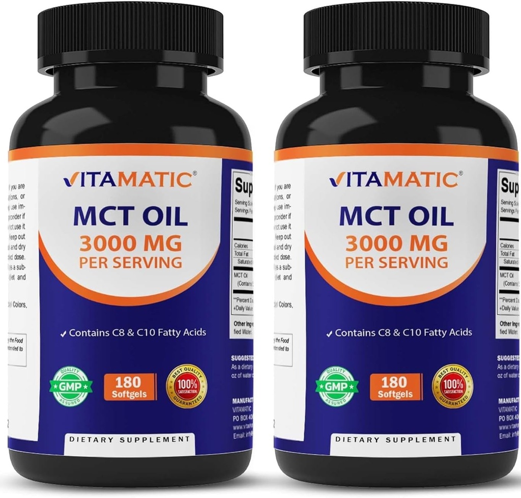 Vitamatic 2 Packs MCT Öl Kapseln 3000 mg pro Servieren - 180 Softgels - aus Kokosöl - Enthält 55% Caprylsäure C8 und 40% Caprinsäure C10 ( 360Total Softgel)