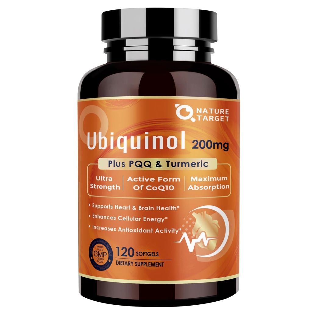 NATURE TARGET Ubiquinol CoQ10 200mg Softgele mit PQQ & Turmeric, High Absorption Coenzym Q10 Supplement mit ALA & Black Pepper, Antioxidans für Herz & Gehirn Gesundheit, Energieproduktion, 120 Zähler