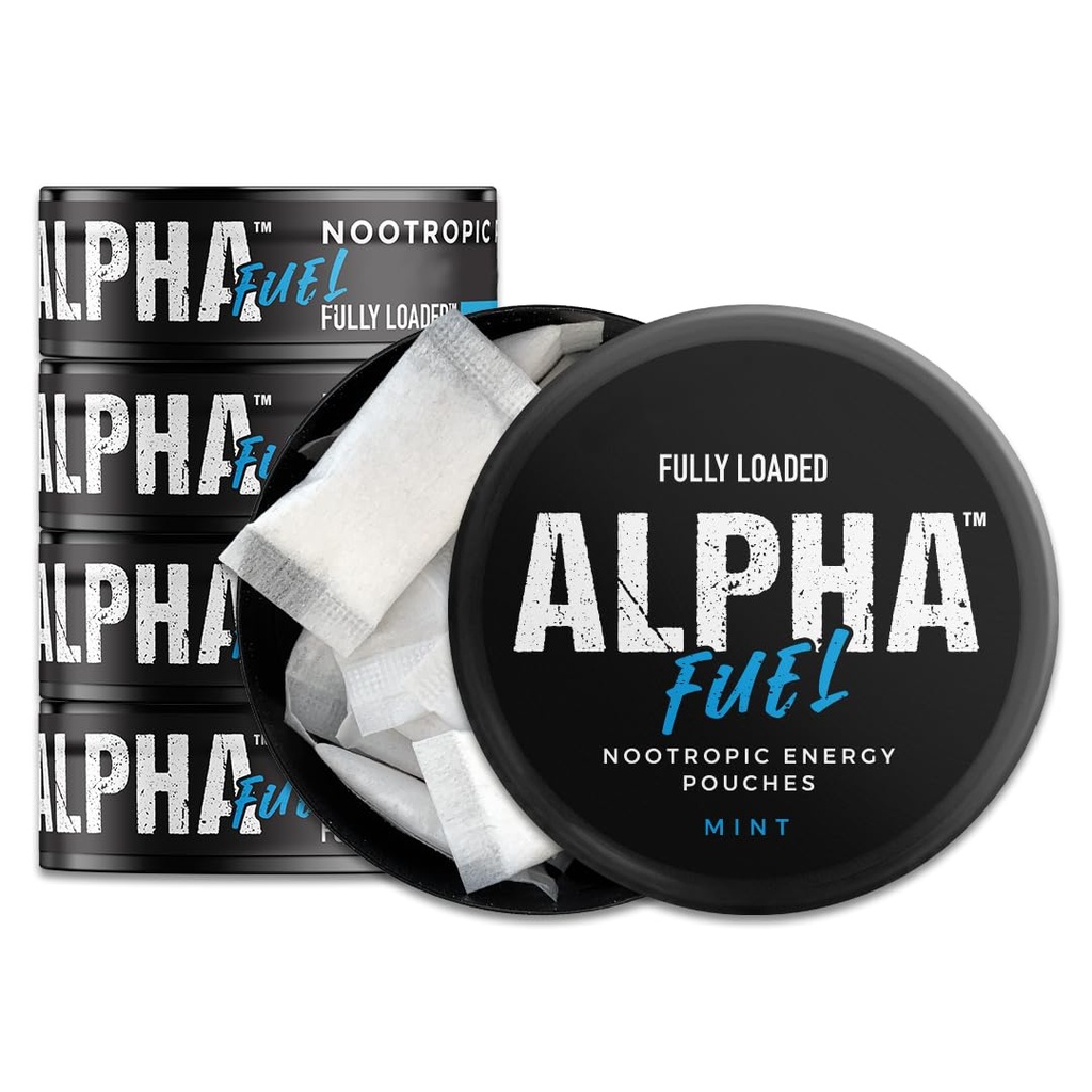 Fully Loaded Alpha Fuel Nootropic Pouches (Mint Fuel) - 5 Cans, 15 Pouches per can - Nootropic Energy Pouches with Caffeine, Alpha GPC, Tyrosine, Taurine, Guarana and More.