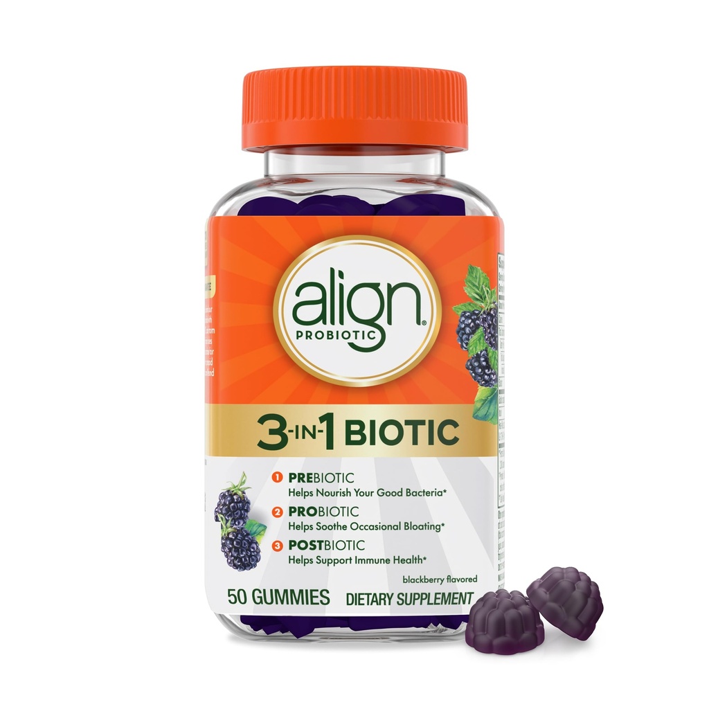 Align Probiotic, 3-in-1 Biotic Gummies, Prebiotic + Probiotic + Postbiotic, #1 Doctor Recommended Probiotic Brand‡, Helps Relieve Occasional Bloating*, BlackBerry Flavor, 50 Gummies
