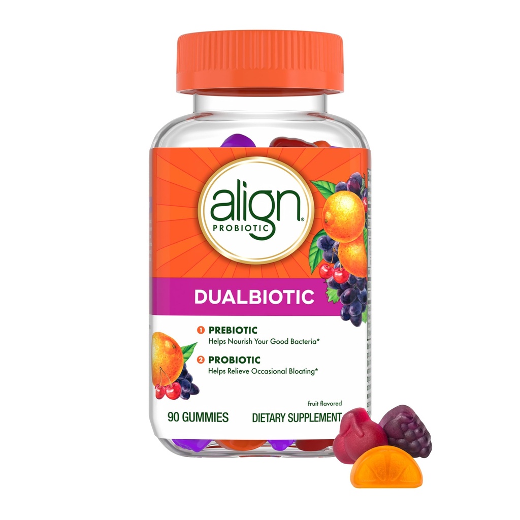 Align Dualbiotikum, Präbiotika und Probiotika für Frauen und Männer, Probiotika für Verdauungsgesundheit, Präbiotika helfen, gute Bakterien, natürliche Fruchtaromen, 90 probiotische Gummis zu nähren (Verpackung kann variieren)