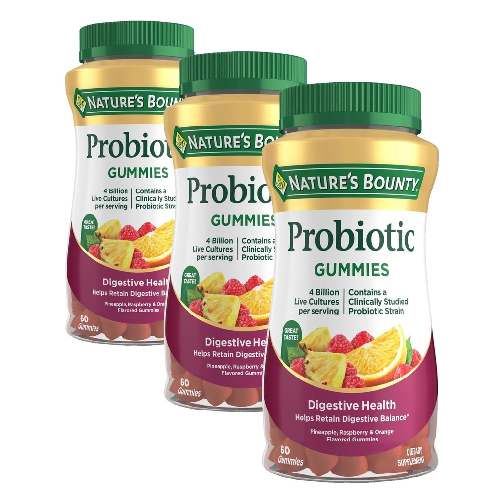 Nature's Bounty Probiotic Gummies, Immune Health & Digestive Balance, Ananas, Himbeer und Orange Flavor Gummies, 60 Ct (Paket von 3)