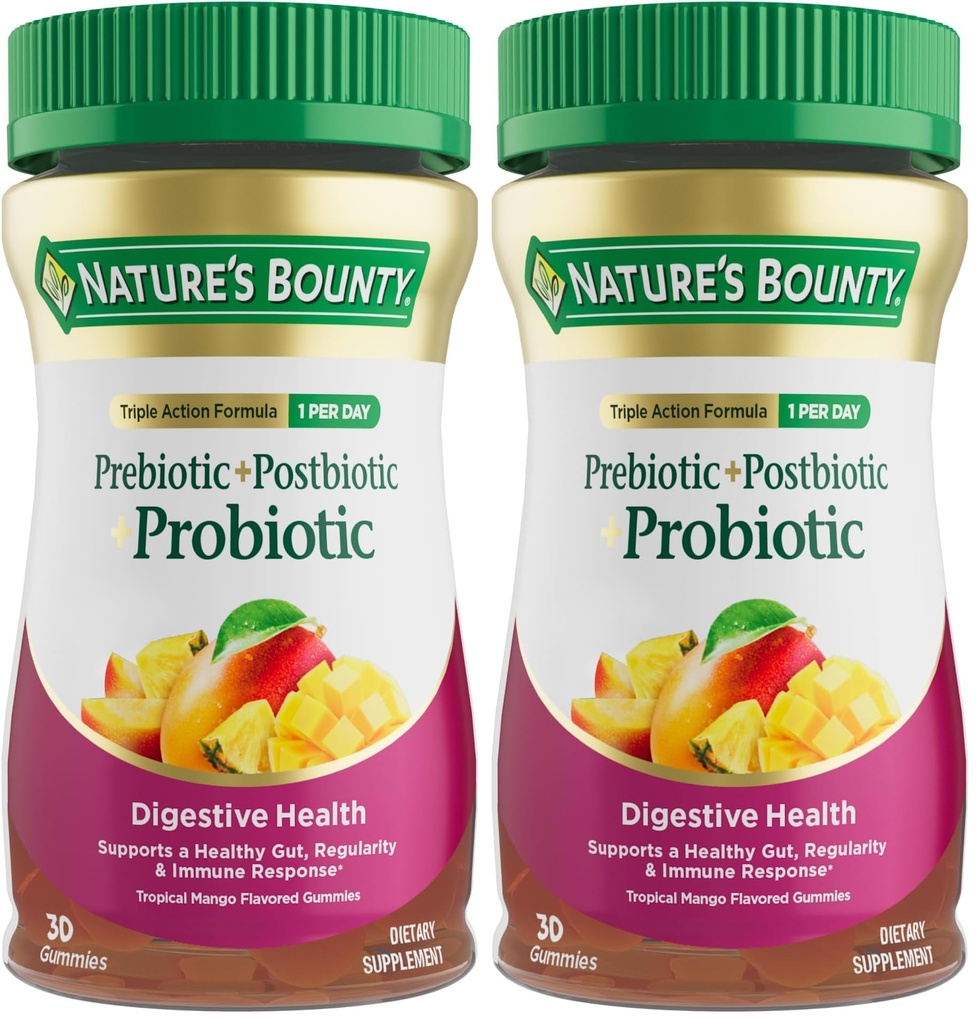 Natur Bounty Pre + Pro + Postbiotische Gummis für Verdauungsgesundheit, Immununterstützung - Probiotische Gummis für Darmgesundheit, tropischer Mangogeschmack, 30 Ct (Paket von 2)