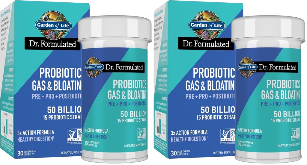 Garten des Lebens Dr. Formuliert Pre, Post & Probiotika Gas & Blähungen einmal täglich 3-in-1 Komplette Präbiotika, Postbiotika & Probiotika - 50 Milliarden CFU, Nicht-GVO, Gluten-frei, 30-Tage-Versorgung, (Paket von 2)