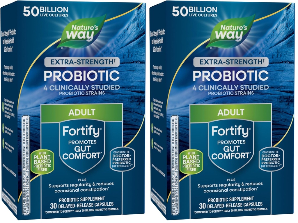 Nature's Way Extra Strength(1) Fortify Probiotic,Probiotics for Digestive Health,Prebiotics,50 Billion Live Cultures,Digestive & Immune Health Support*,30 Kapseln,(Pack von 2)