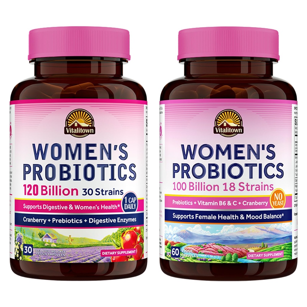 Vitalitown Probiotic Bundle (Pack of 2) | Women’s Probiotics 120 Billion (Item 1) & Women’s Probiotics 100 Billion (Item 2) | 30 Capsules & 60 Capsules